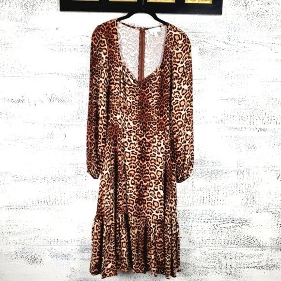 Sofia Jeans by Sofia Vergara Women Cheetah Tiered Midi Dress Sz S Boho Glam - Picture 1 of 11